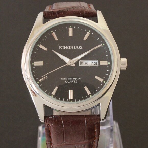 Men's Contemporary Dress Watch Silver Case Brown Leather Watch Strap 40mm - Picture 6 of 12